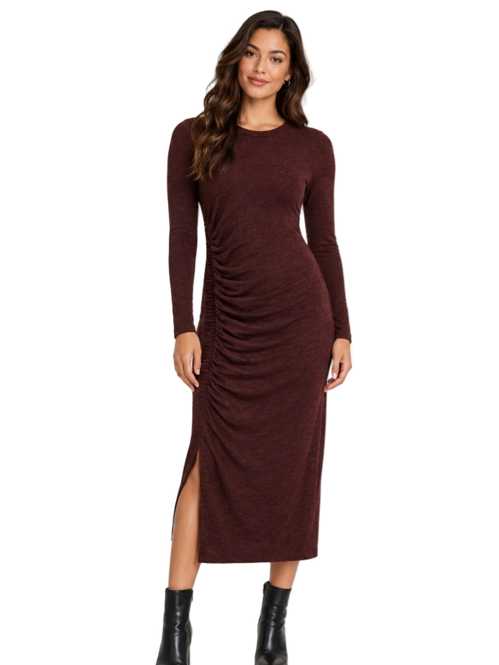 All saints Tina Ls Dress S Burgundy Ruched Long Sleeve Knit Midi Bodycon winter